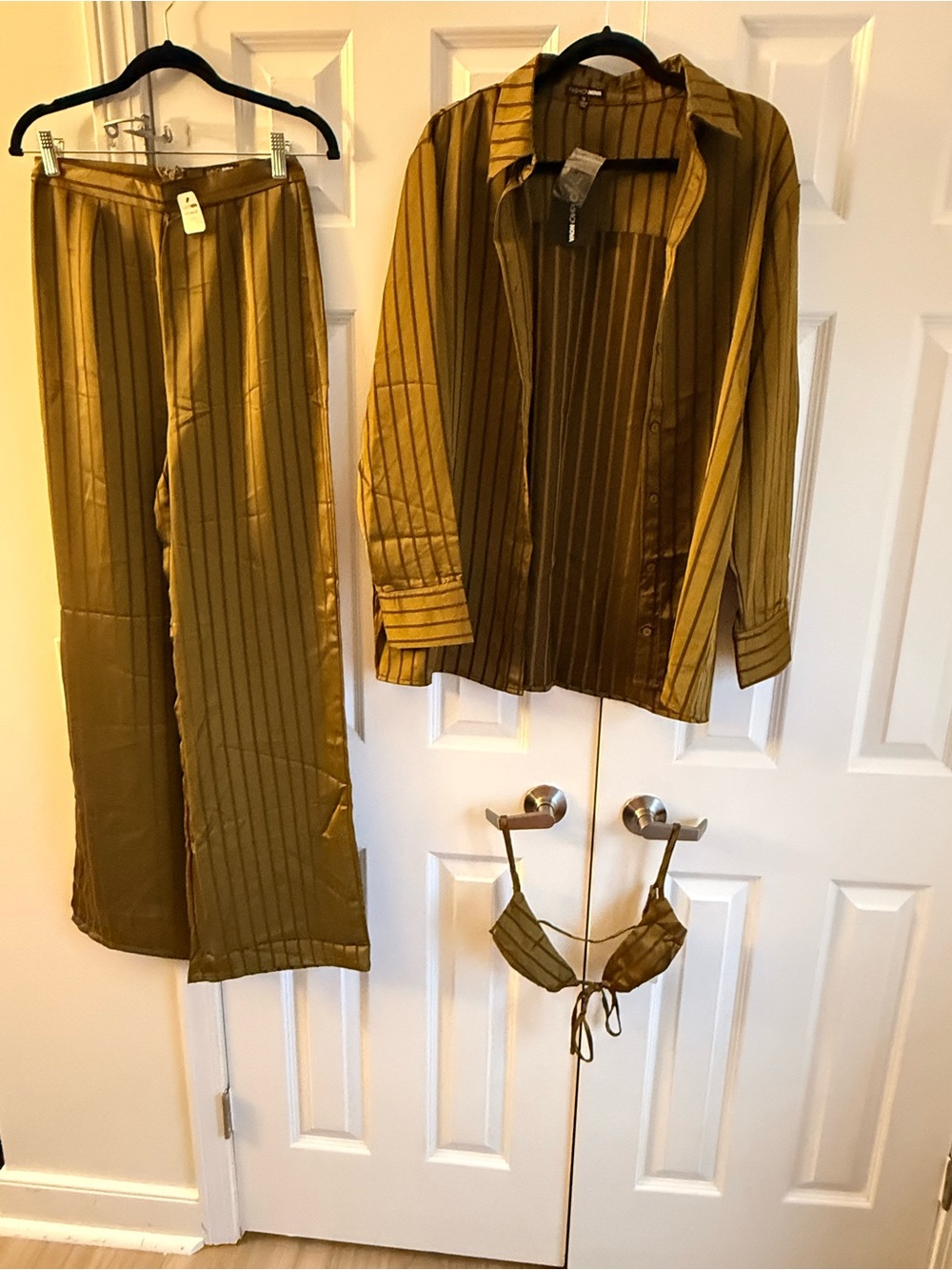 Striped Satin 3 -Piece Set - Olive Green Pants & Shirt and Bralette